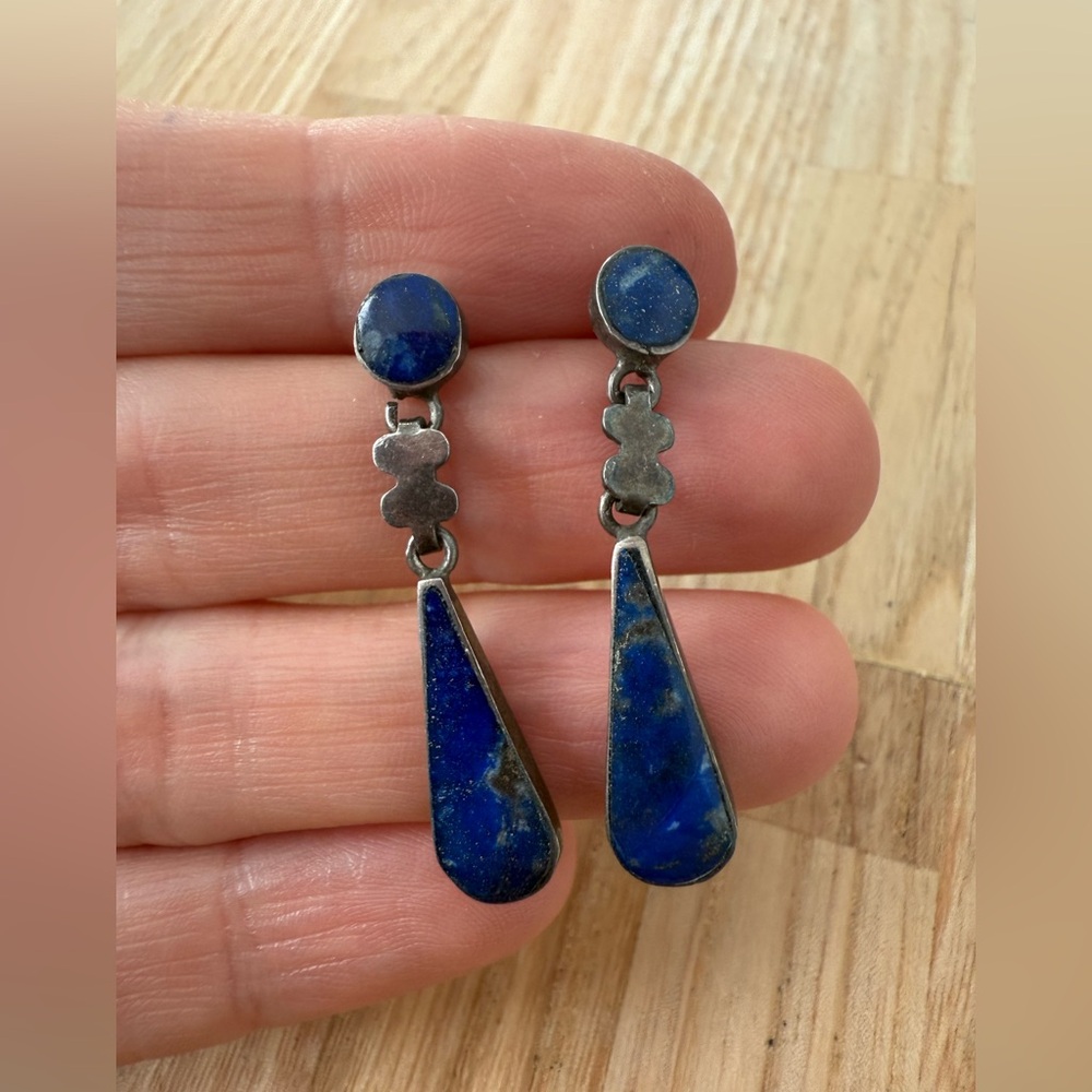 Vintage silver blue stone drop earrings on posts